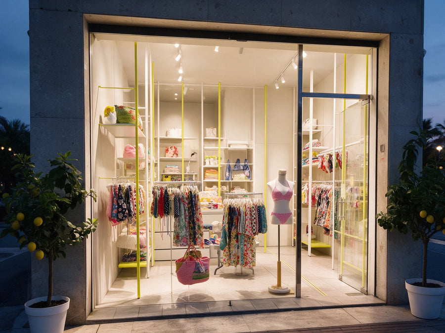 De winkel in Riccione op de hoek, ’s avonds