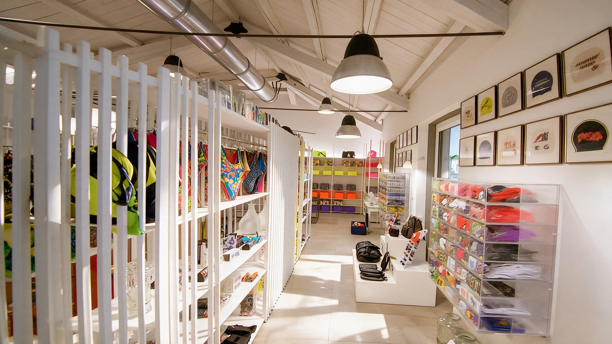 Een gangpad in de BONESWIMMER-winkel in Gallarate tussen witte latwanden en kleurrijke accessoires