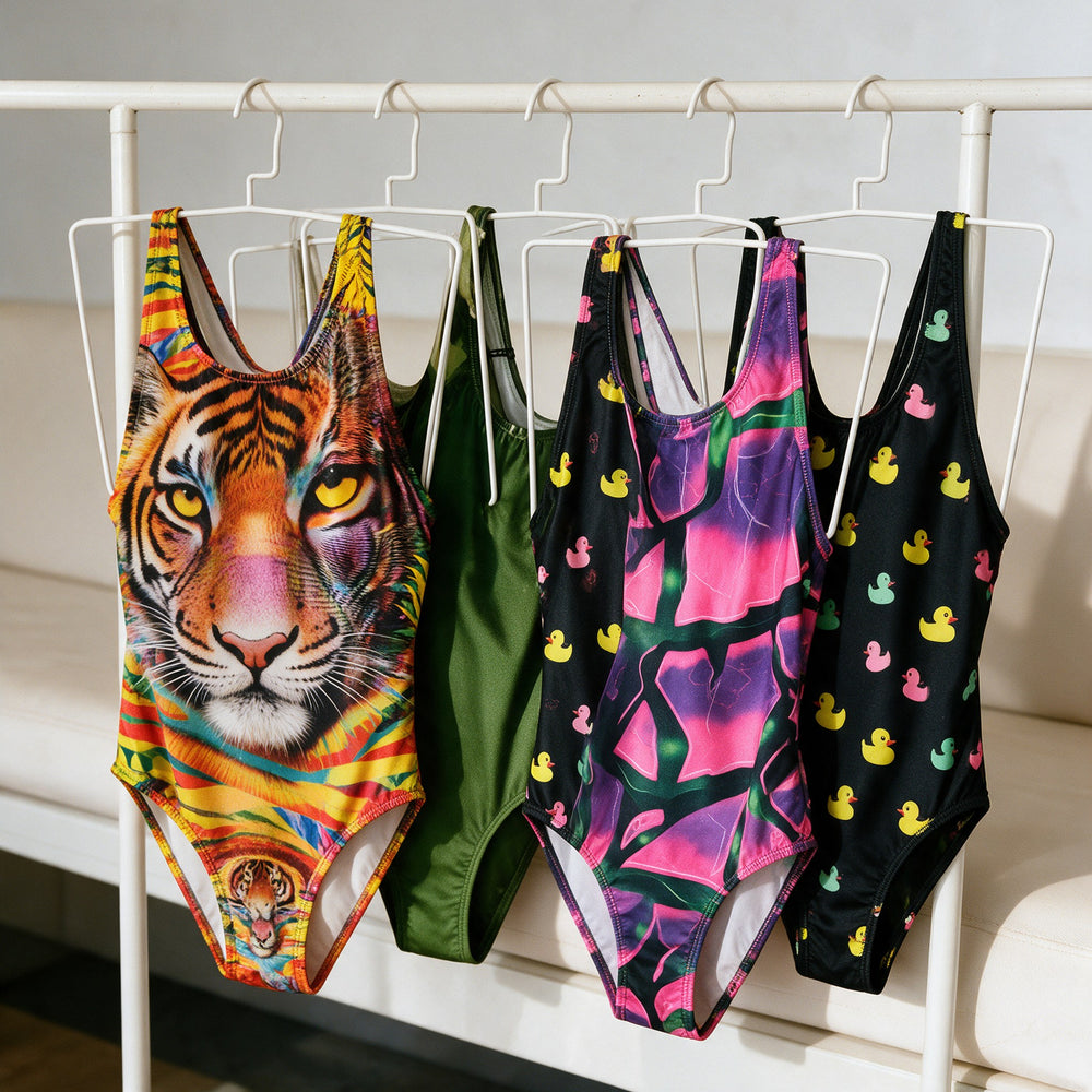 Bedrukte BONESWIMMER-badpakken aan het rek: tijger, roze abstract en eendjes